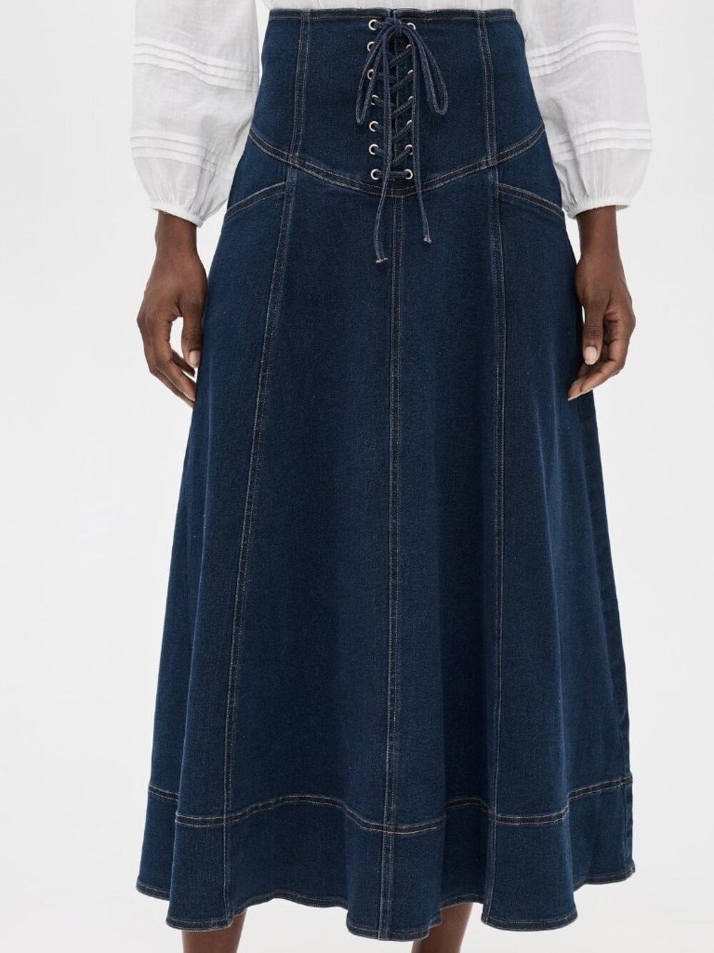 Moon River NWT Maxi Denim Jean Lace Up Skirt Dark Wash Zipper Cotton Blend L